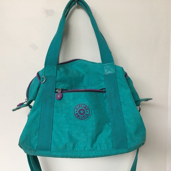 kipling Handbags - KIPLING Crossbody Bag Hand Grips Green Purple Hidden Top Zipper Pull Travel